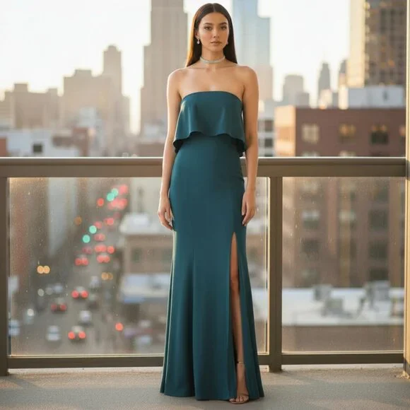 JAY GODFREY Teal Strapless Satin Floor Length Gown S Dress Bridal Prom Wedding - Picture 2 of 12